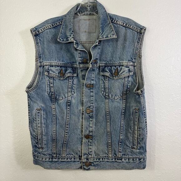 Levi’s Strauss denim vintage sleeveless small button down distressed vest - Picture 1 of 7